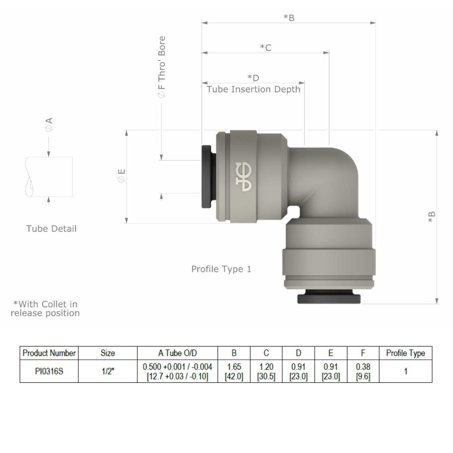 Equal Elbow 1/2" Dimensions John Guest