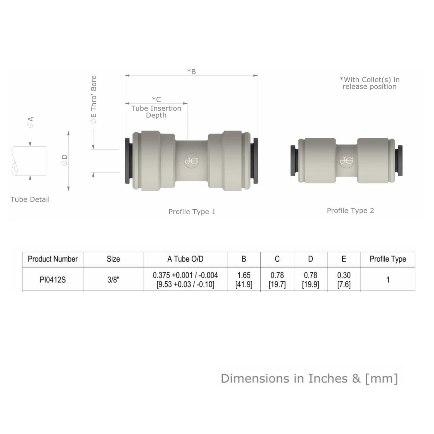 3/8" Equal Straight Connector PI0412S Dimensions