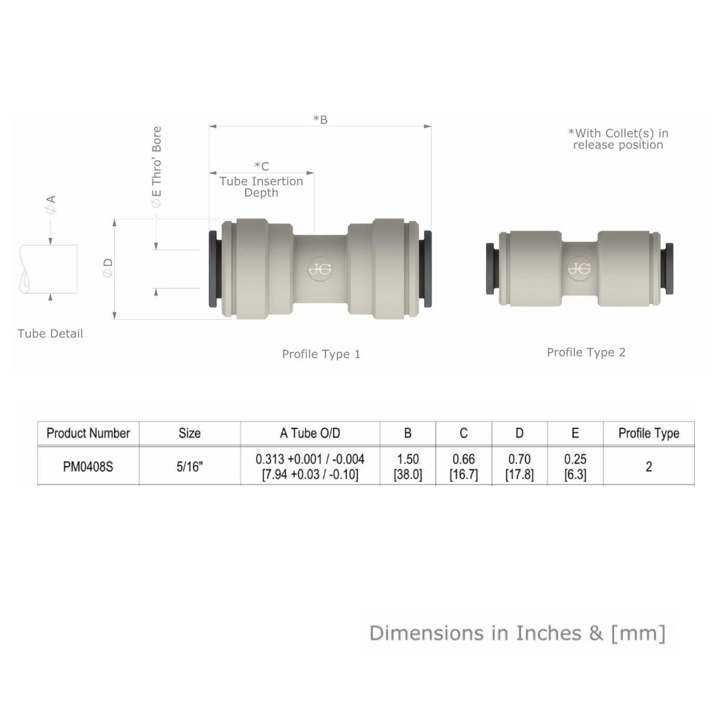 John Guest Equal Straight 5/16 PM0408S Dimensions