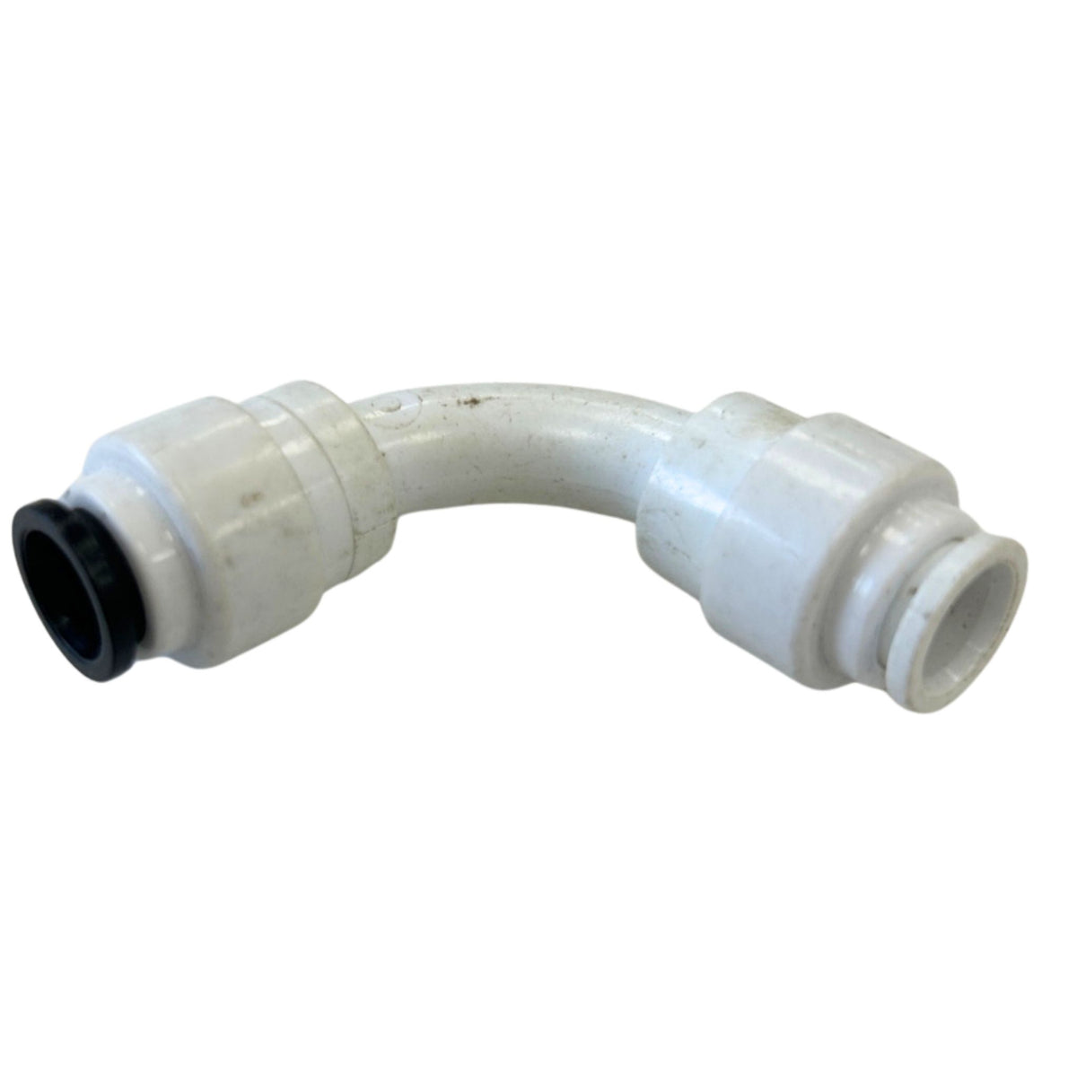 Black-and-white collets on a 5/16 inch push-fit flow elbow