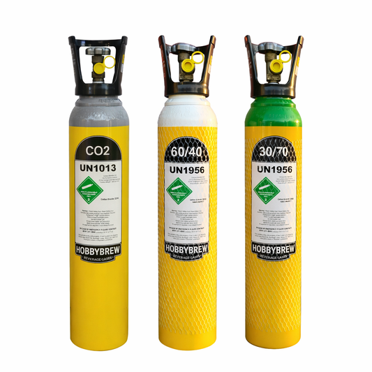 Beer gas cylinders showing CO2, 60/40 mixed gas and 30/70 nitrogen blend