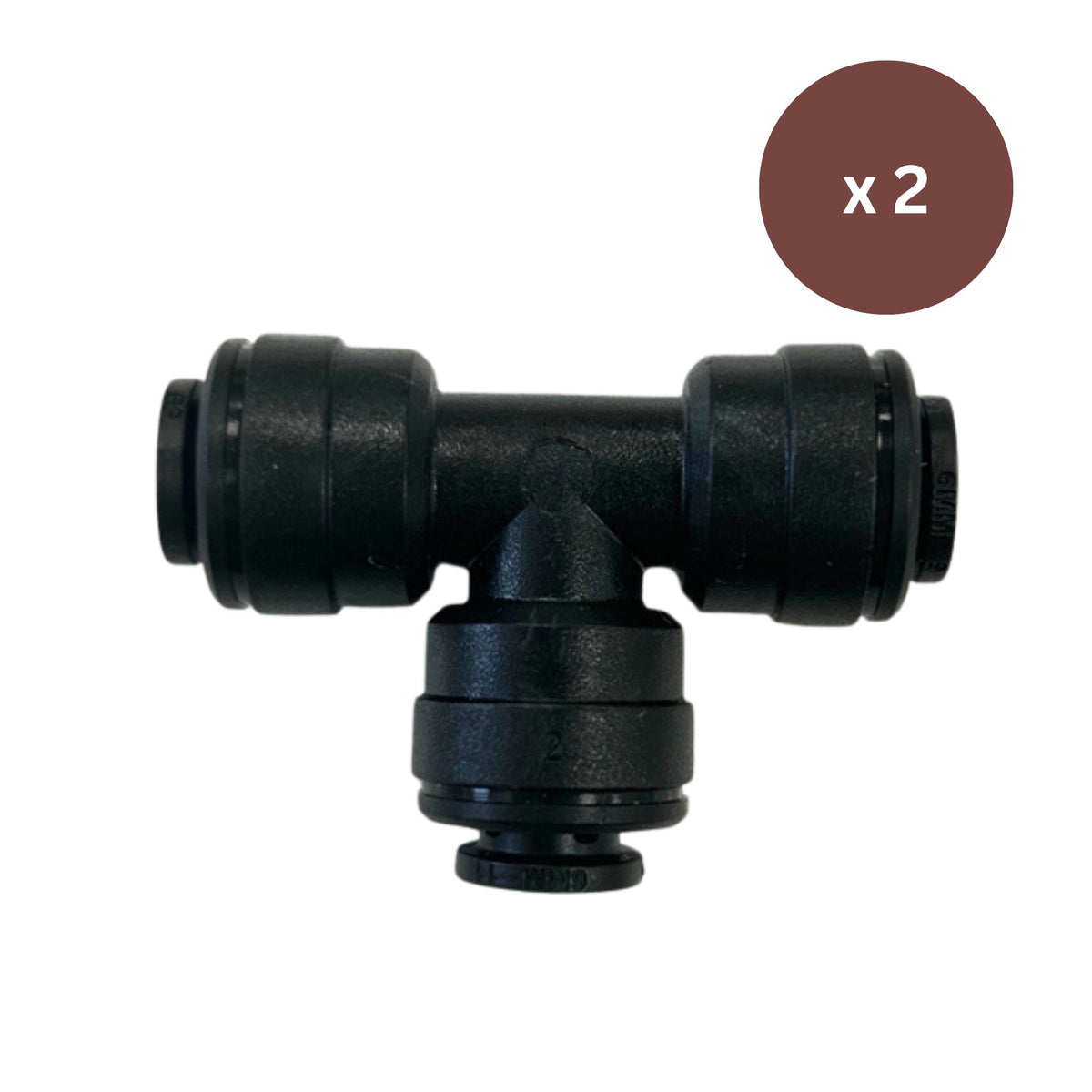 Black John Guest quarter-inch push-fit equal tee fitting supplied in a pack of two