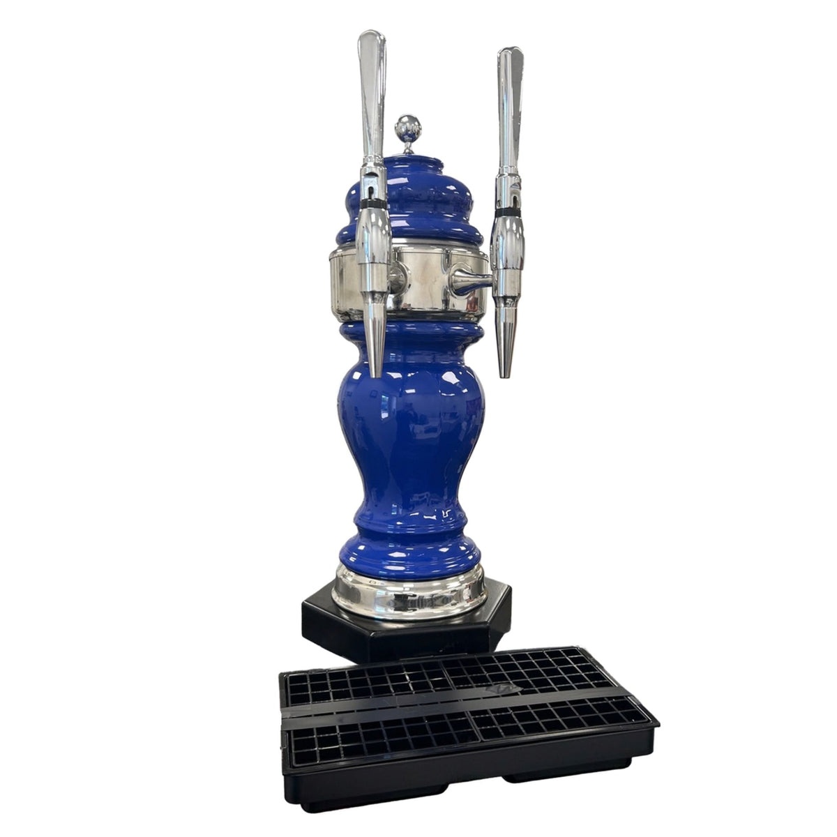 Side view of large blue ceramic beer font showing the clamp-on bar mounting system and extended drip tray.