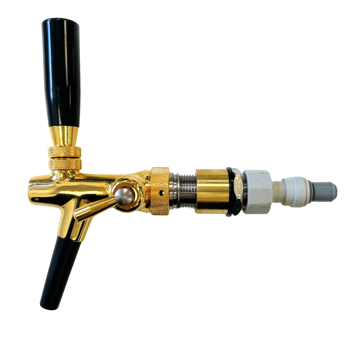Gold compensator beer tap showing side flow-control lever