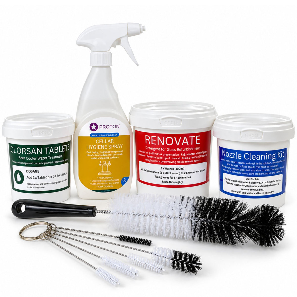 Home bar cleaning and hygiene kit with Renovate glass cleaner, Clorsan tablets, cellar hygiene spray, nozzle cleaning kit and cleaning brushes.