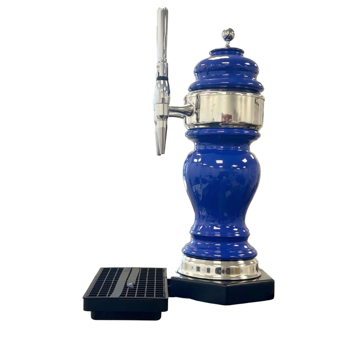 Traditional blue ceramic beer font with two chrome Elegance dispense taps and twin black drip tray.