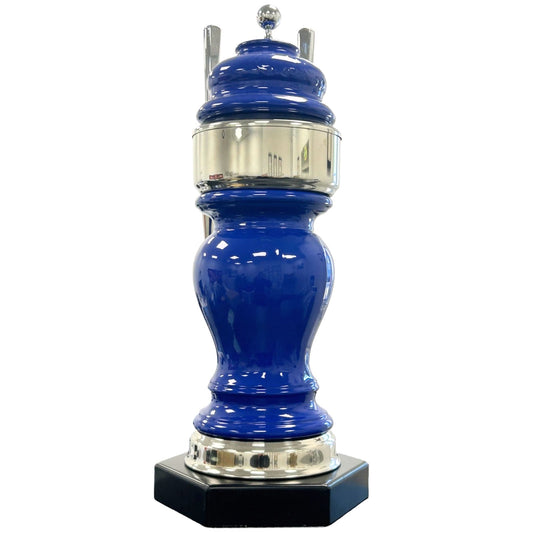 Large blue ceramic twin-tap beer font with chrome Elegance taps and black clamp-on mounting base.