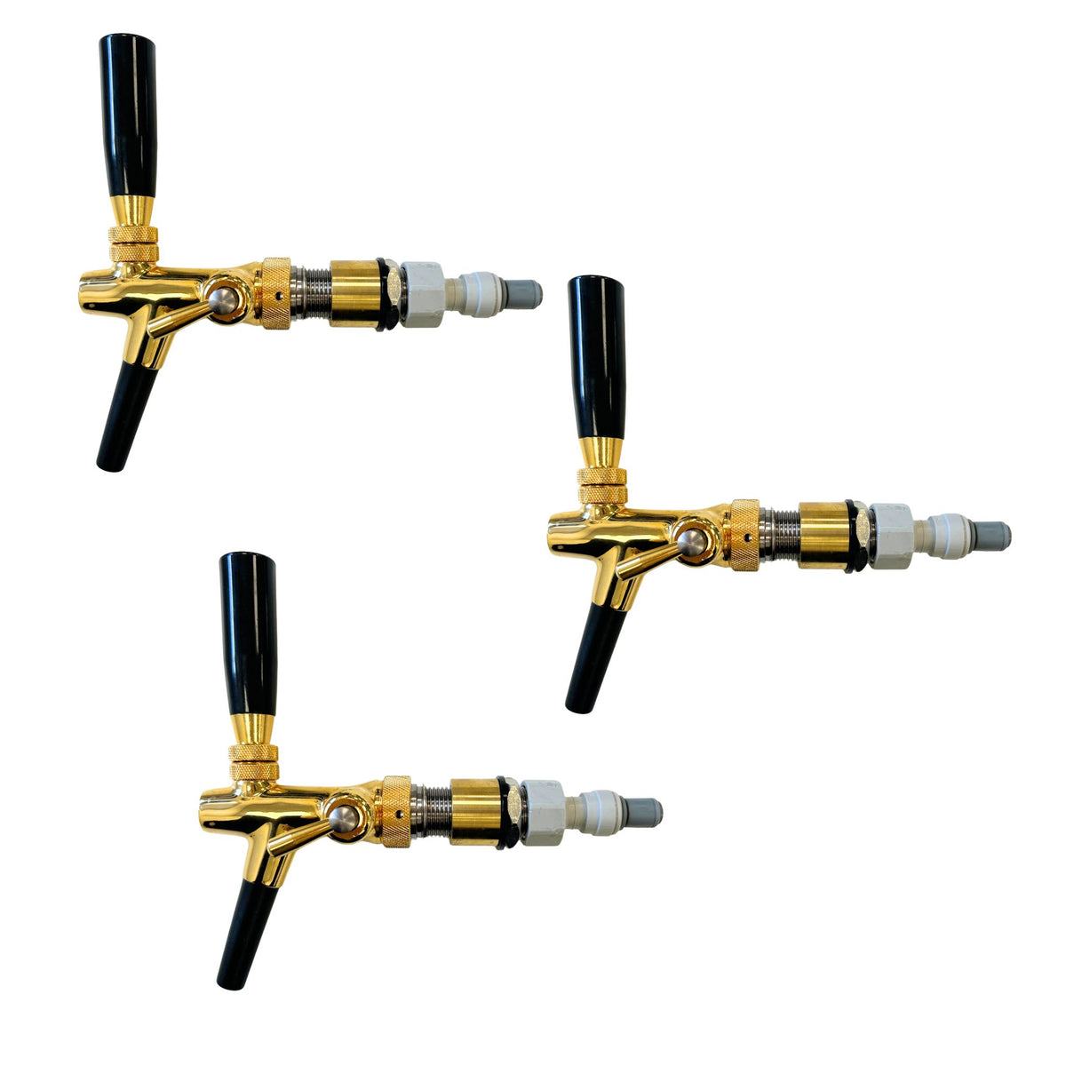 Pack of three gold finish compensator beer taps with black handles