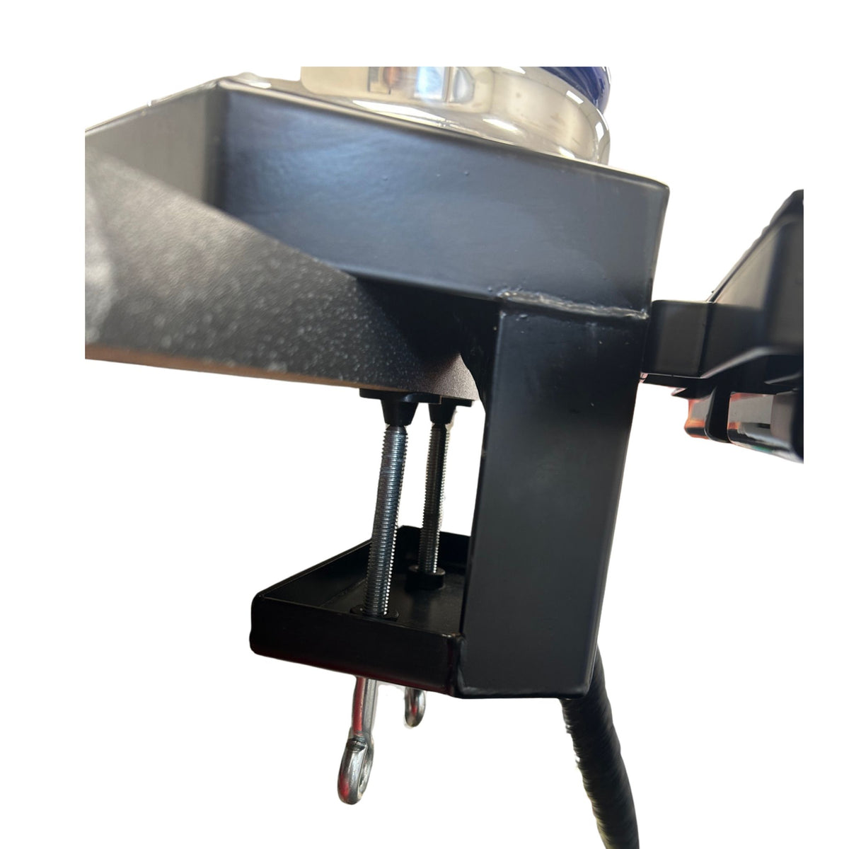 Heavy-duty black clamp-on mounting bracket with two threaded fixing bolts for ceramic beer font.