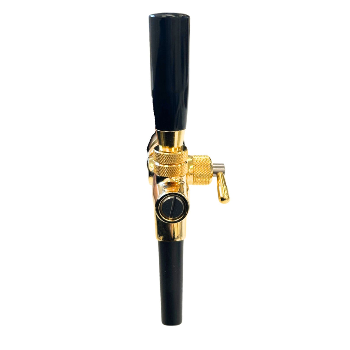 Close-up of gold finish beer tap body, black spout and handle