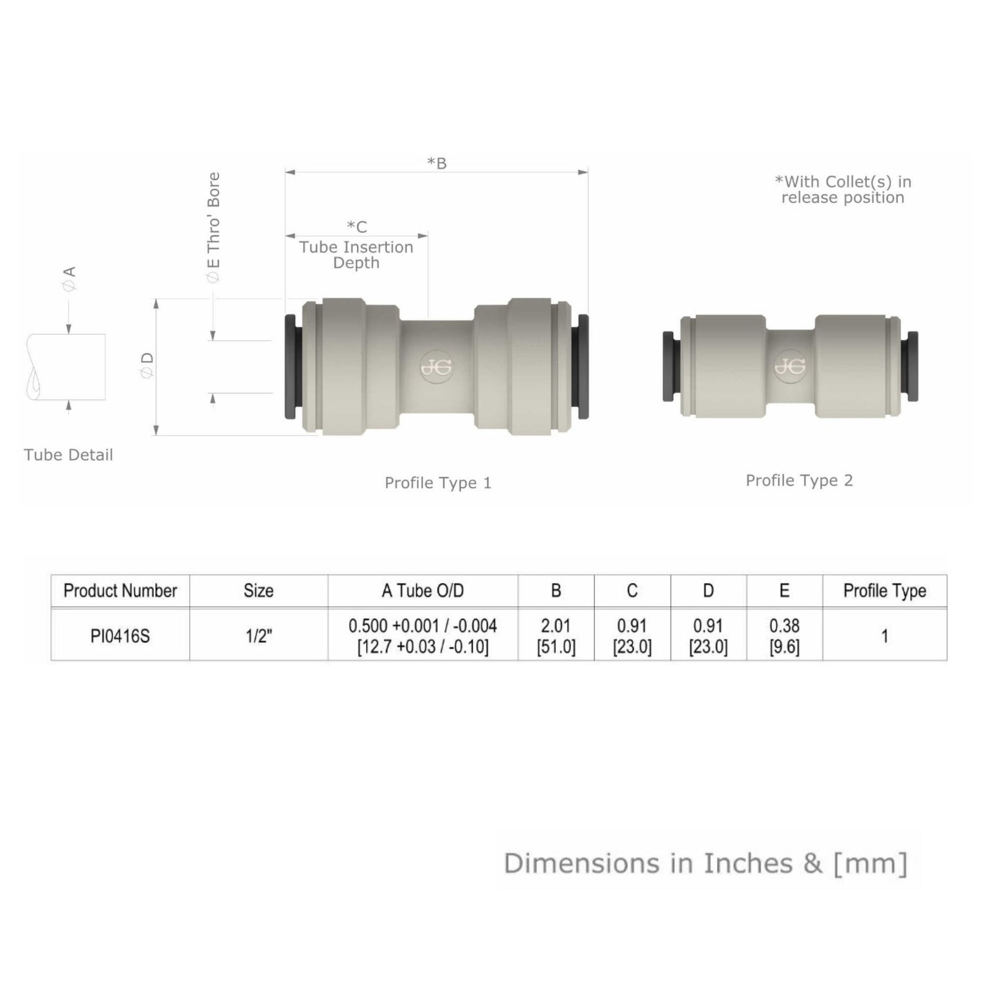 Equal Straight Connector 1/2" PI0416S Dimensions