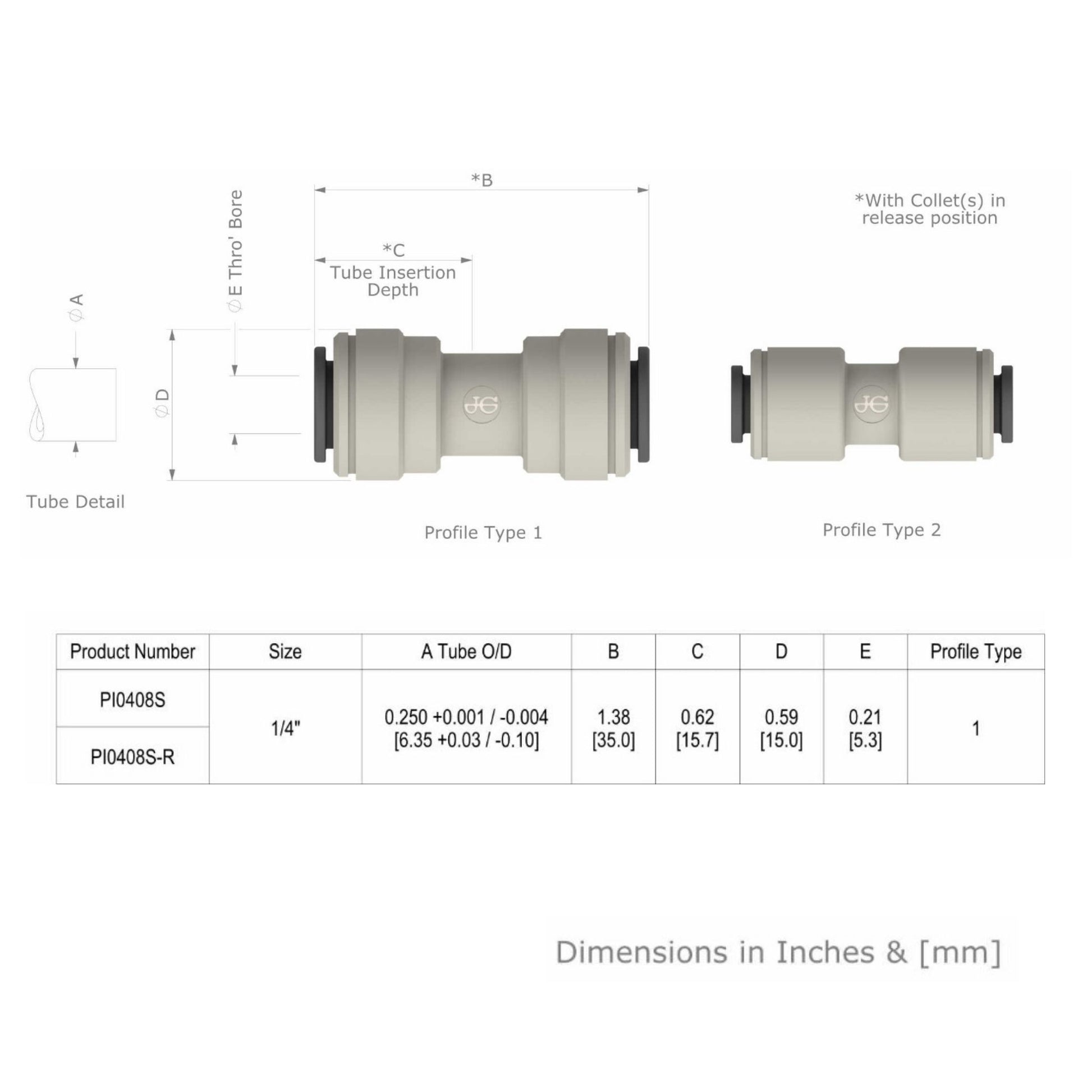 Equal Straight 1/4" PI0408S Dimensions