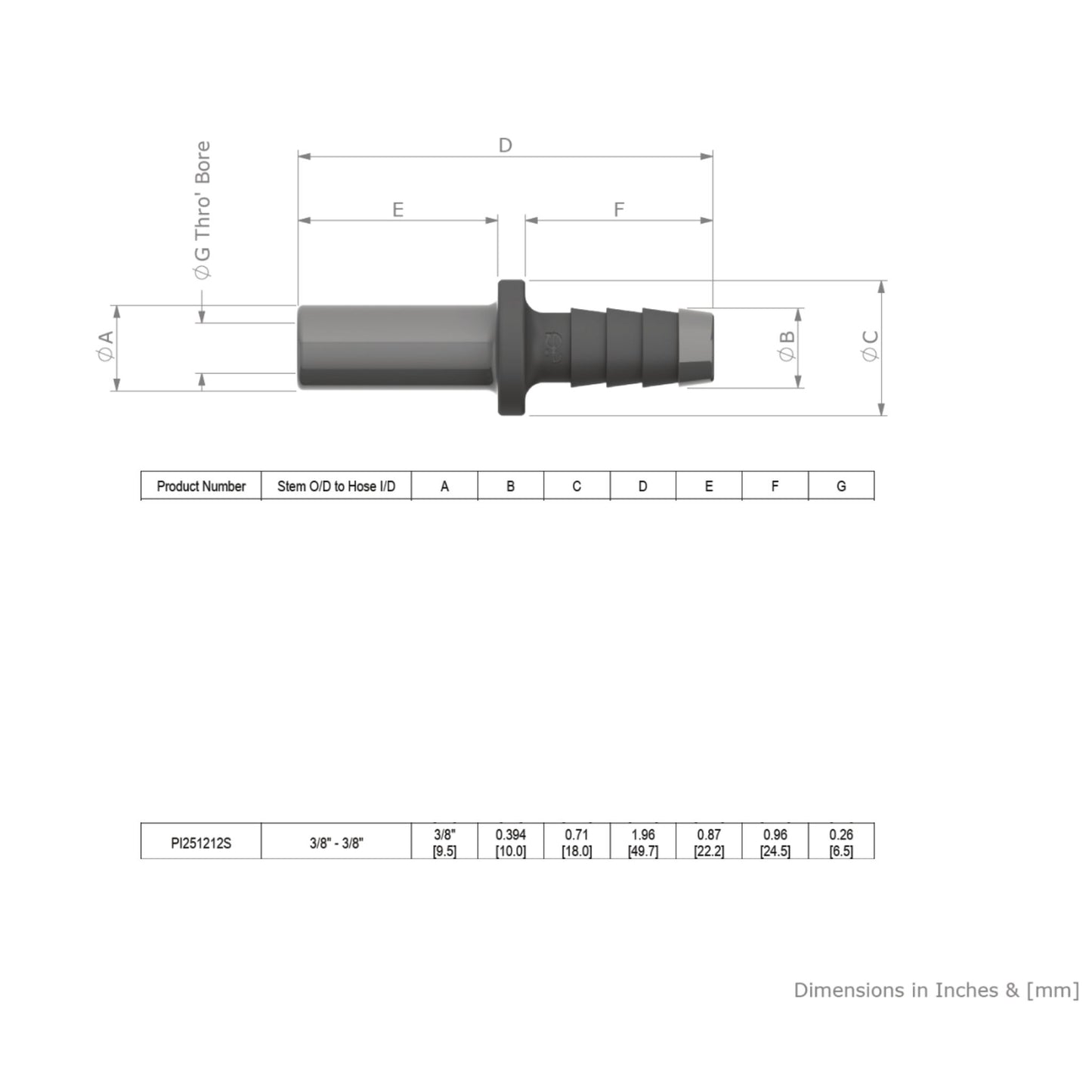 John Guest 3/8 tube x 3/8 hose stem adaptor grey acetal fitting