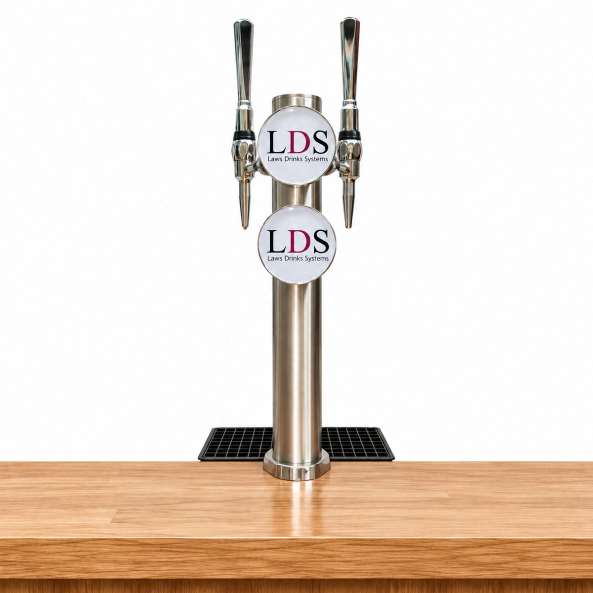 Twin tap clamp-on beer font with two chrome draught beer taps and drip trays