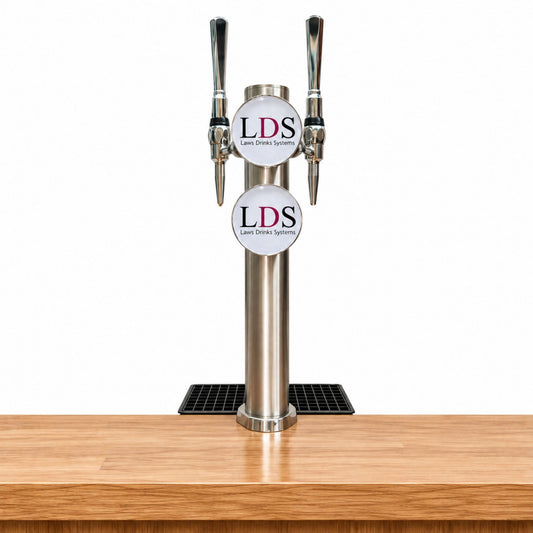 Twin tap clamp-on beer font with two chrome draught beer taps and drip trays